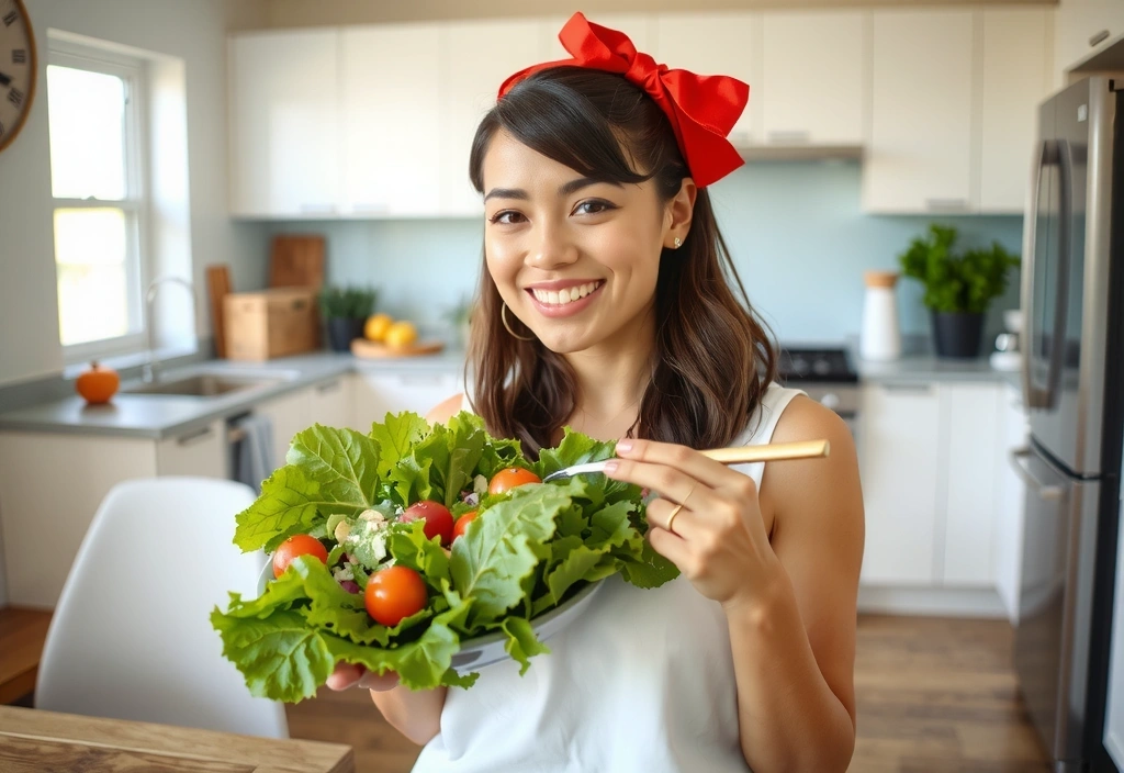 Kobieta jedząca zdrową sałatkę, symbolizująca zdrowy styl życia